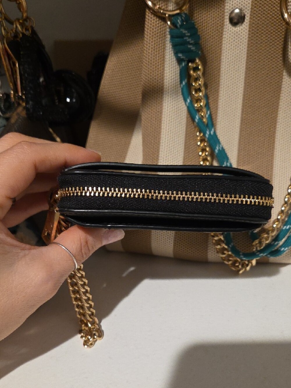 Coach Brown & Black Signature Canvas Card Case with Gold Chain - Picture 2 of 10